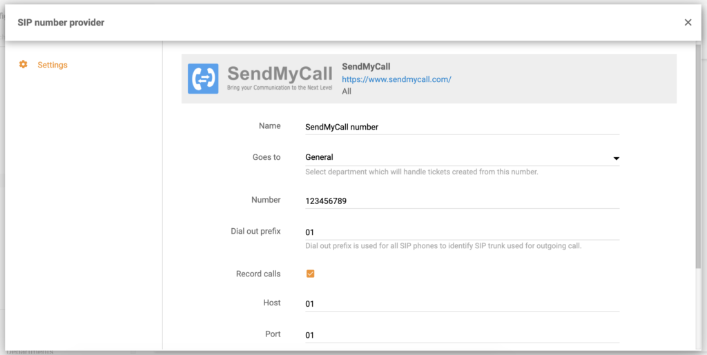 Configurazione numero SendMyCall in LiveAgent