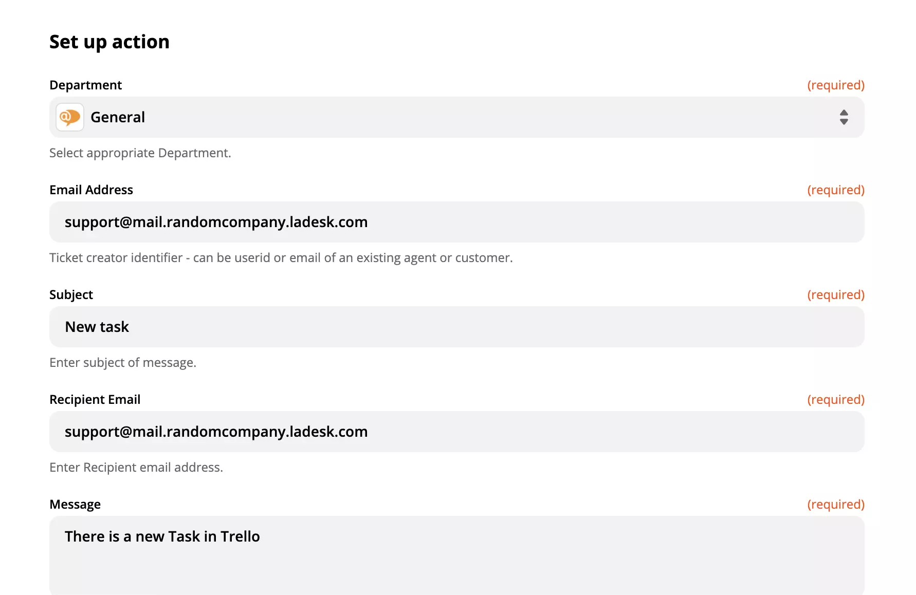 Opzioni di personalizzazione dell'azione Crea Conversazione di LiveAgent