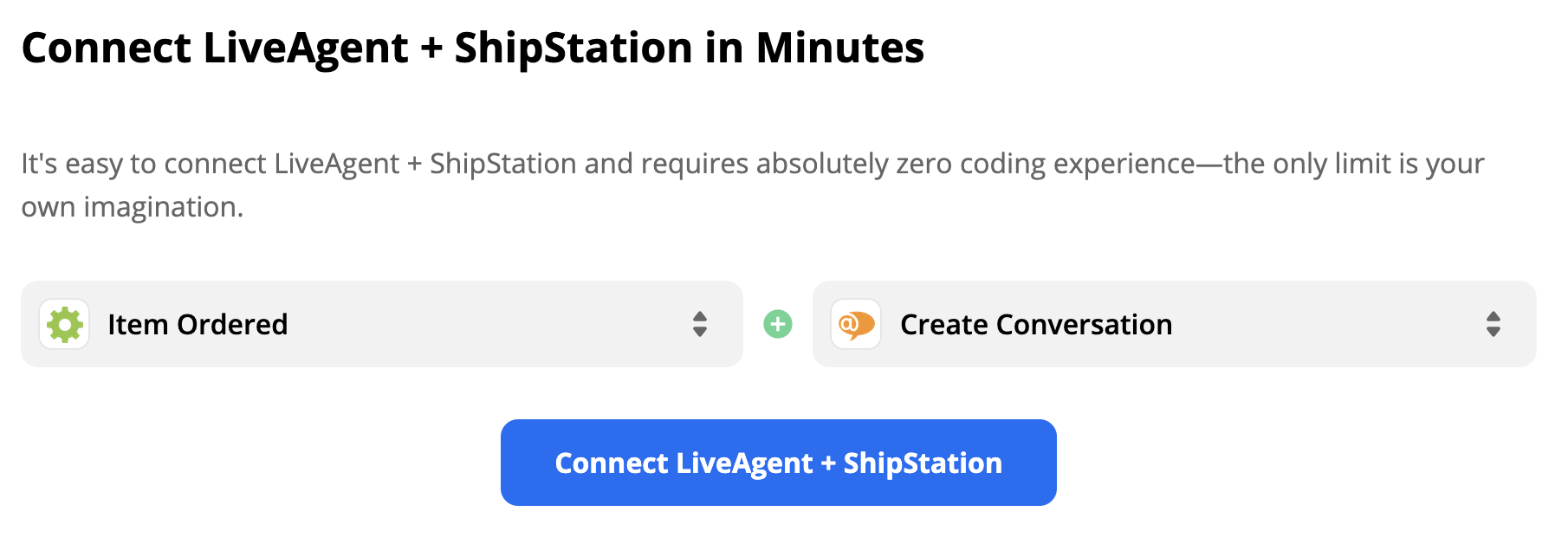 Un trigger ShipStation Item Ordered e un'azione LiveAgent Create Conversation nella selezione di integrazione Zapier