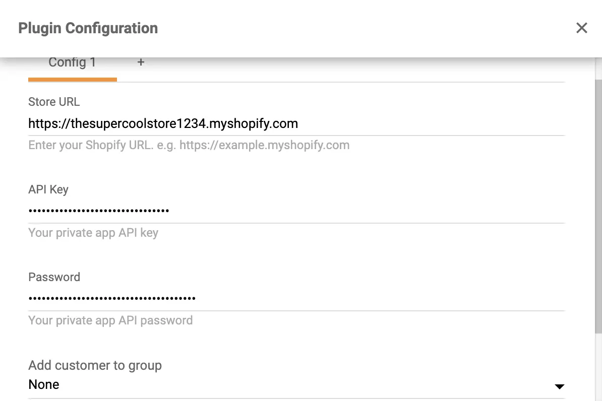 Copia e incolla la chiave API e la password nella configurazione del plugin Shopify in LiveAgent