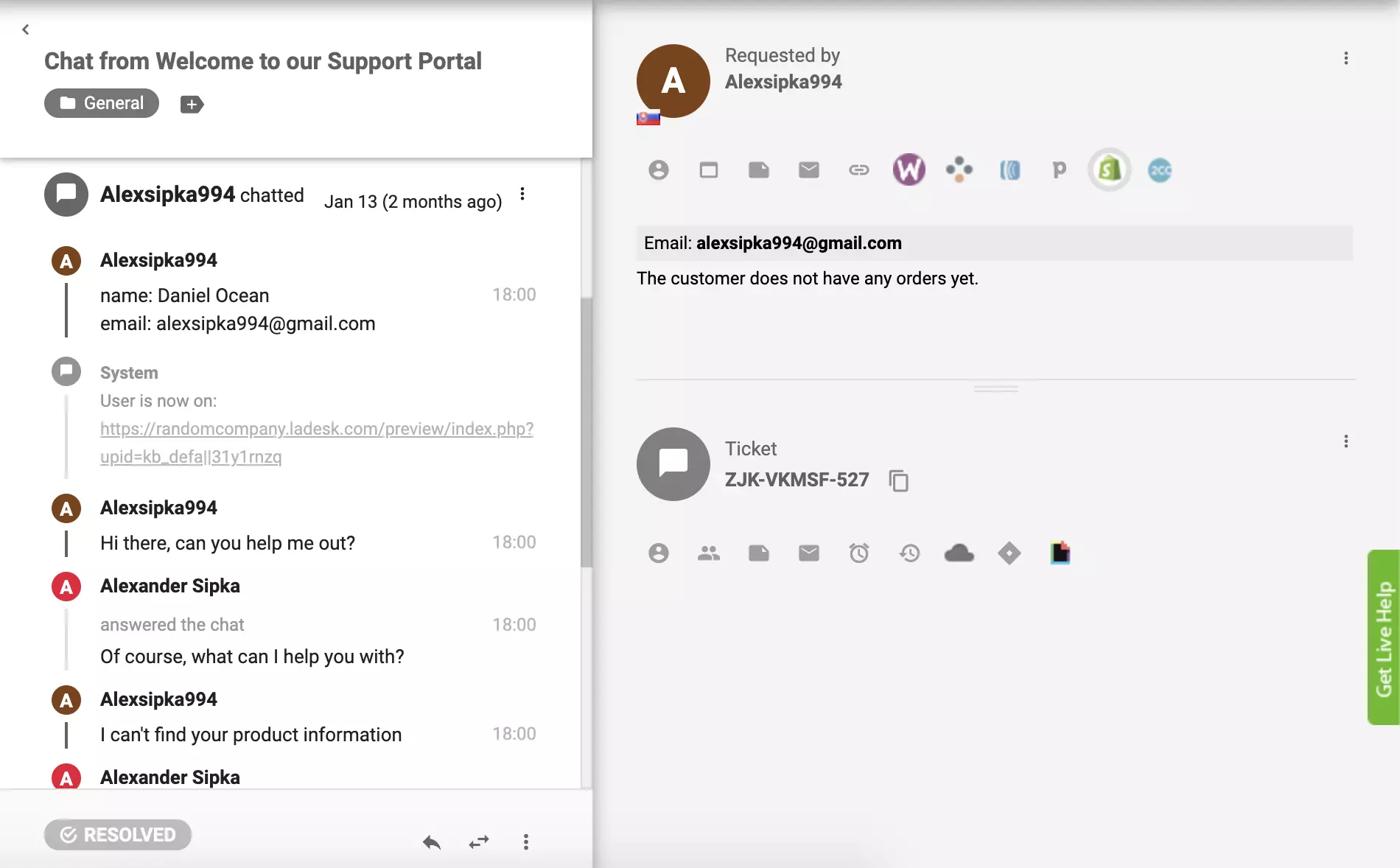 Il plugin Shopify è attivo in LiveAgent e gli ordini dei clienti possono essere visibili dalla visualizzazione del ticket