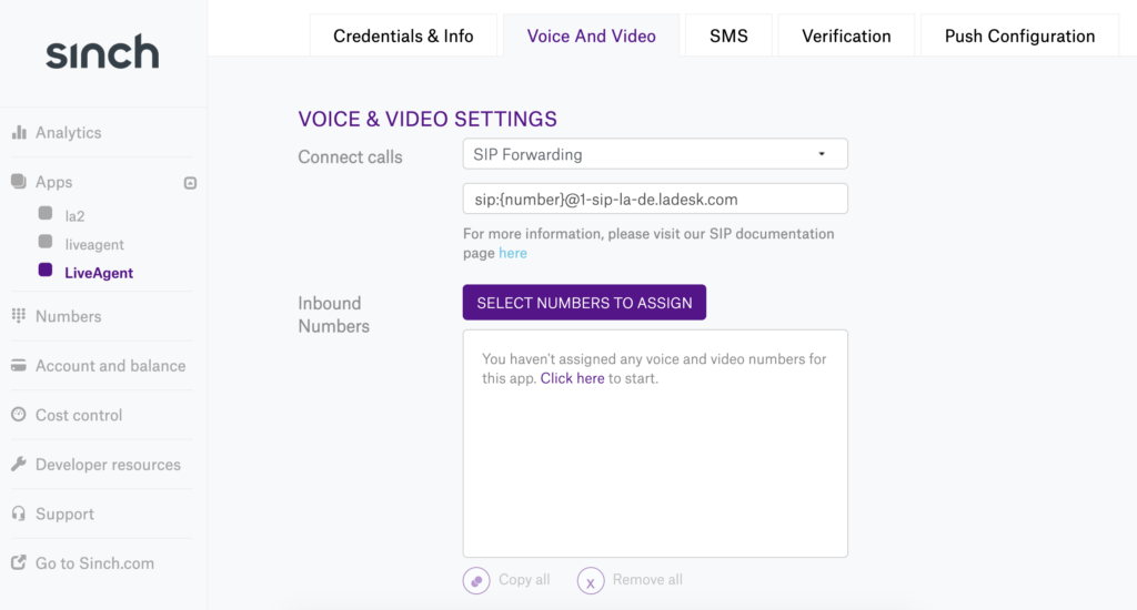 Impostazioni voce e video Sinch nella configurazione della nuova app con SIP forwarding selezionato