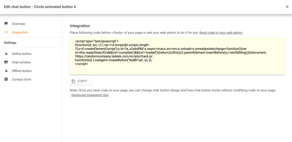 Codice di integrazione del pulsante di chat Silverstripe in LiveAgent
