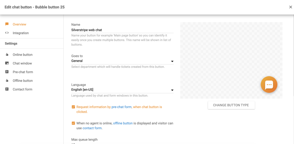 Configurazione del pulsante di chat Silverstripe in LiveAgent