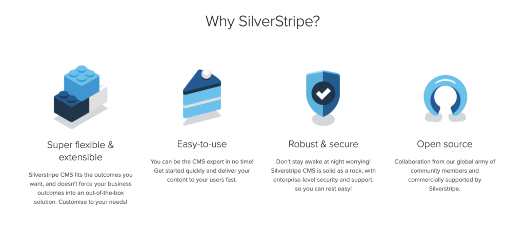 Homepage di Silverstripe con funzioni elencate