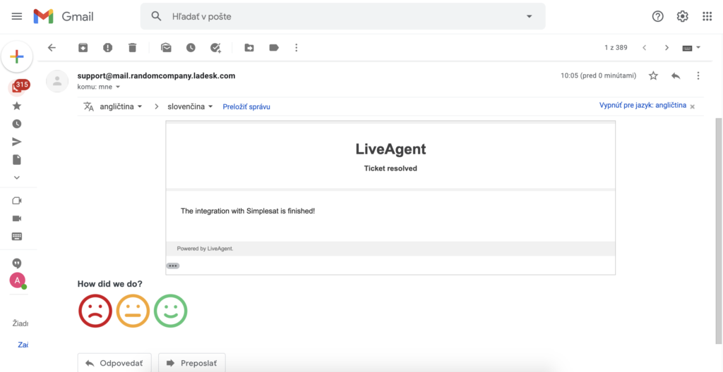 Messaggio LiveAgent con feedback Simplesat nella casella di posta Gmail