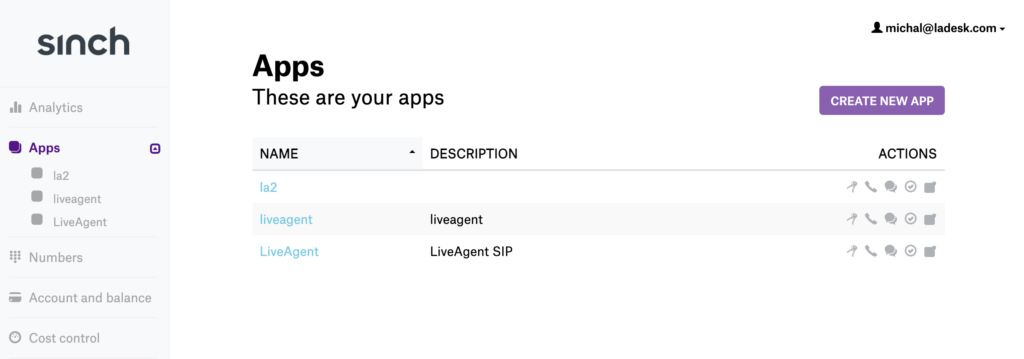 Impostazioni Sinch con l'opzione per creare una nuova app