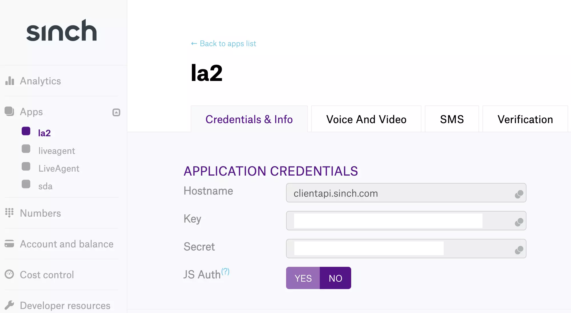 Key e Secret della seconda app Sinch