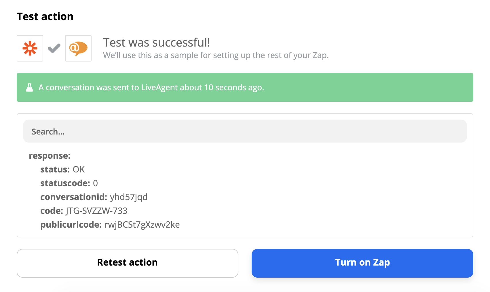 Test riuscito di un'integrazione LiveAgent e Slack su Zapier