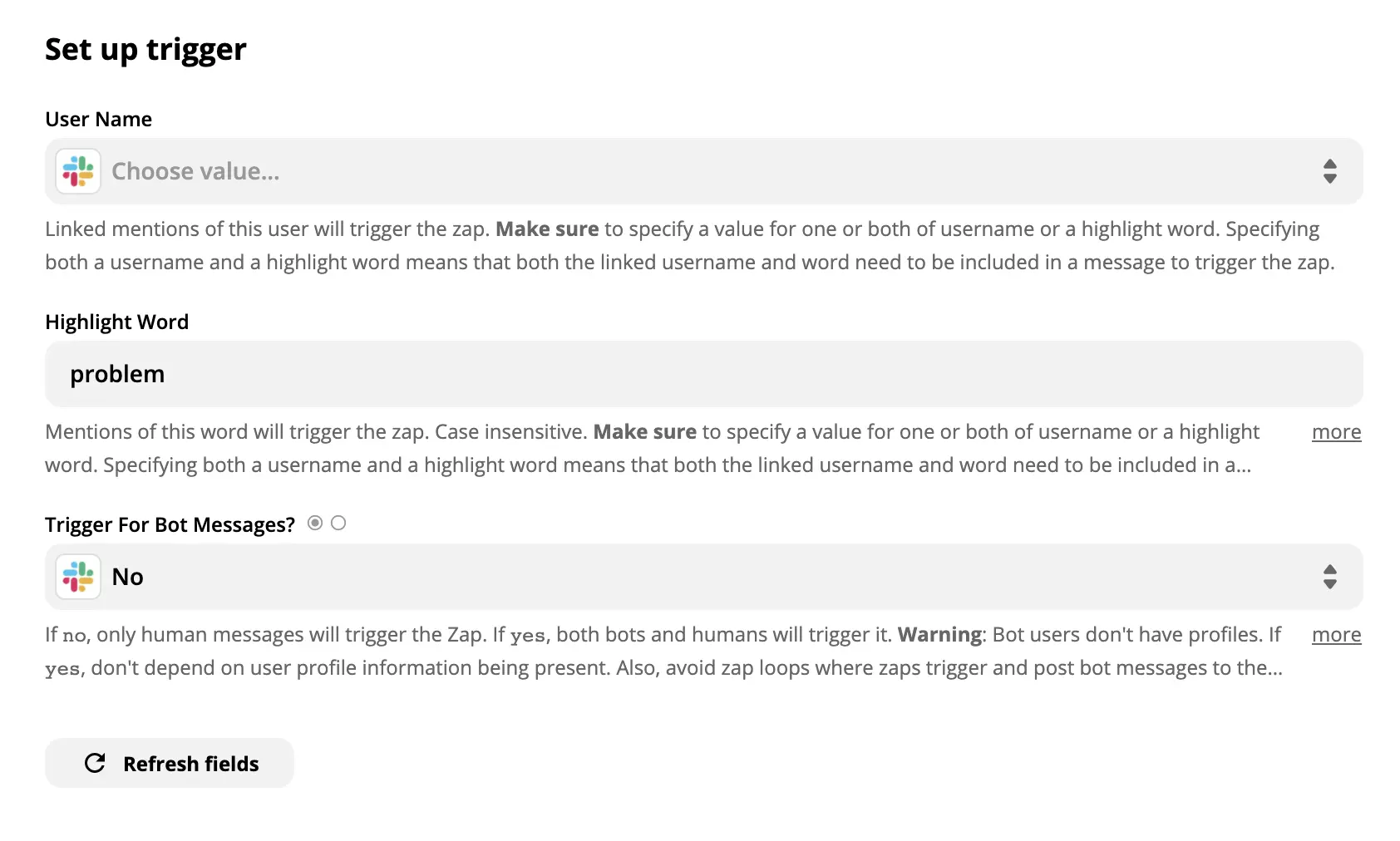 Vetrina della configurazione del trigger Slack su Zapier