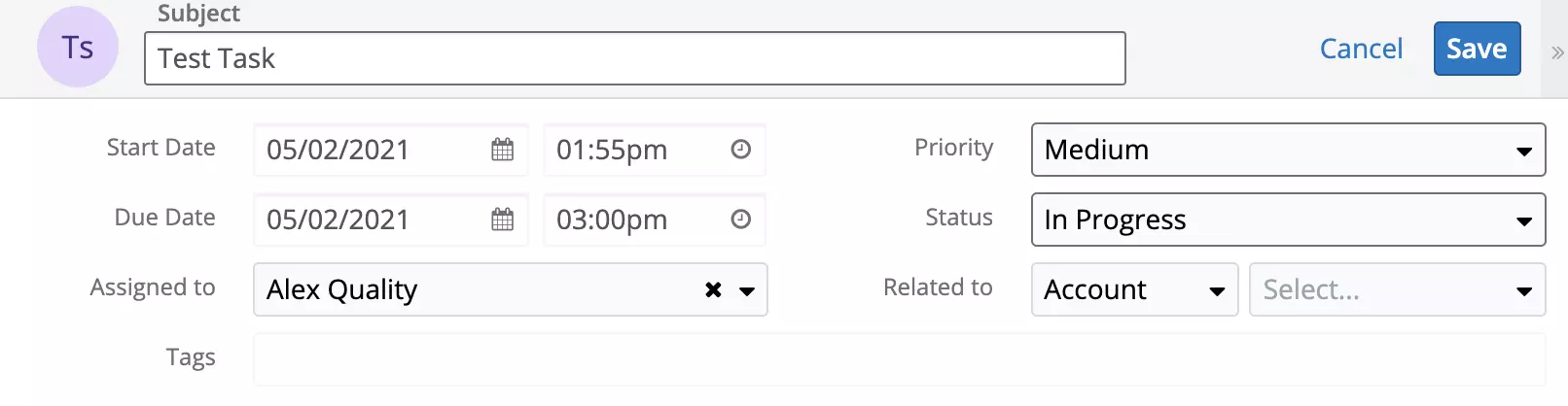 Una nuova attività è stata creata in SugarCRM