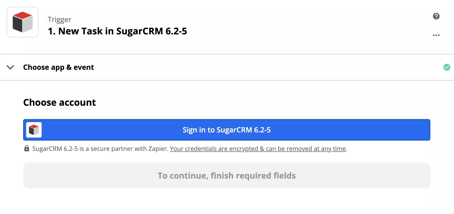 Configurazione del trigger SugarCRM nell'integrazione Zapier
