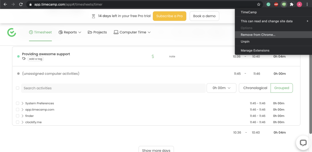 Opzioni del plugin Timecamp in Google Chrome