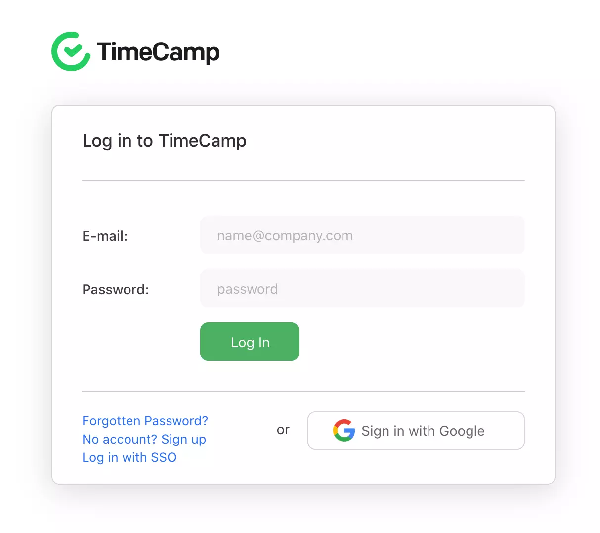Pagina di accesso di TimeCamp