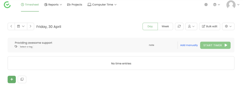 Selezione del progetto TimeCamp con avvio del timer