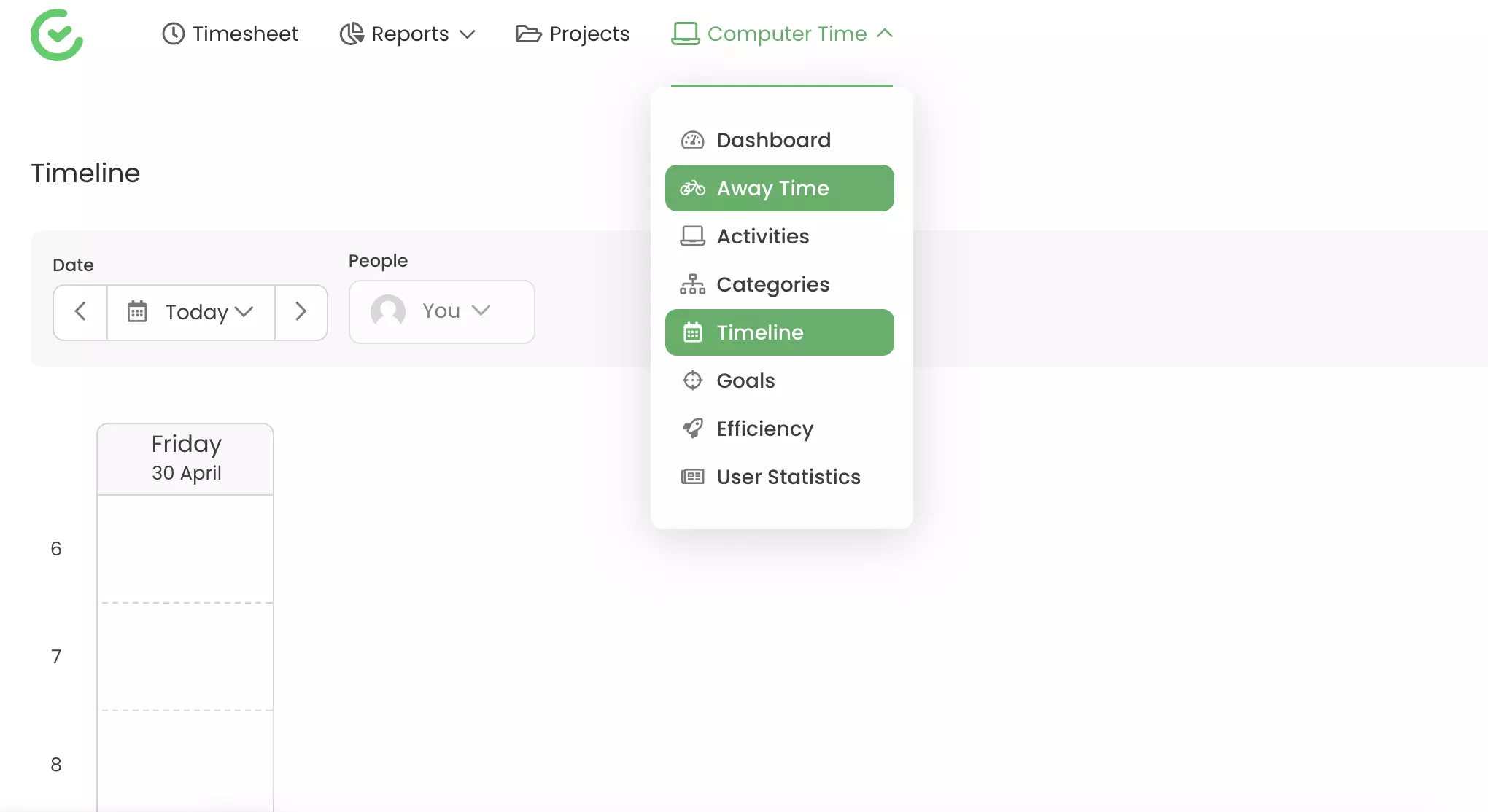 Capacità di tracciamento come tempo di assenza e timeline visibili in TimeCamp