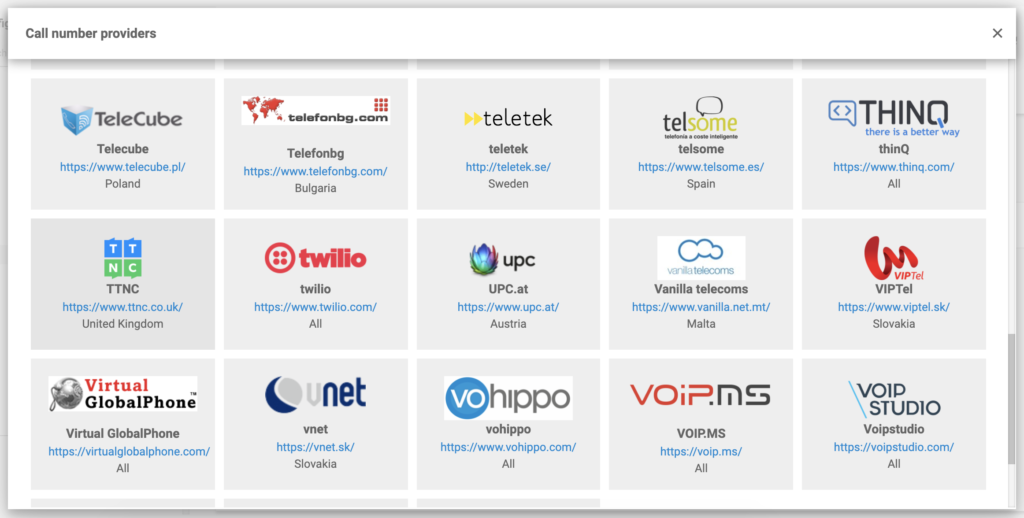 TTNC nell'elenco dei provider VoIP nella configurazione di LiveAgent