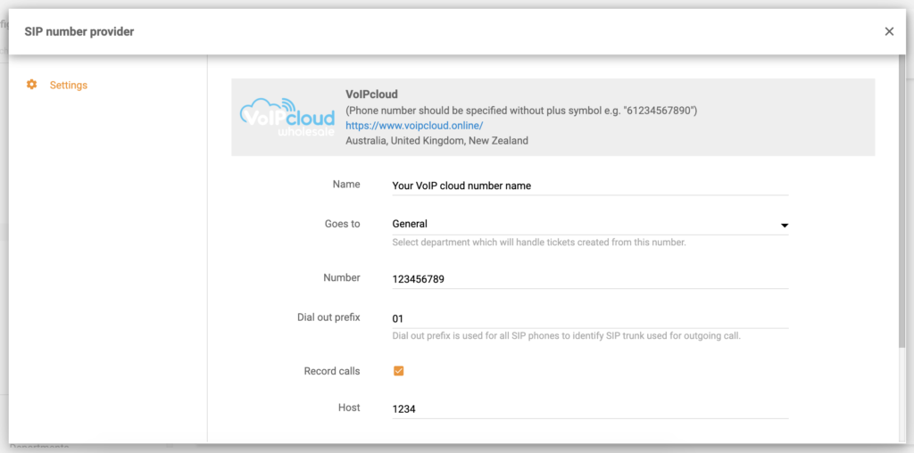 Dettagli del numero di chiamata VoIPcloud nella configurazione di LiveAgent