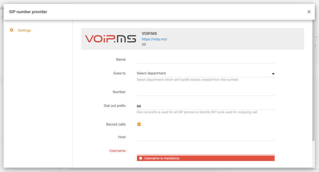 Configurazione VoIP.ms nelle impostazioni di chiamata di LiveAgent