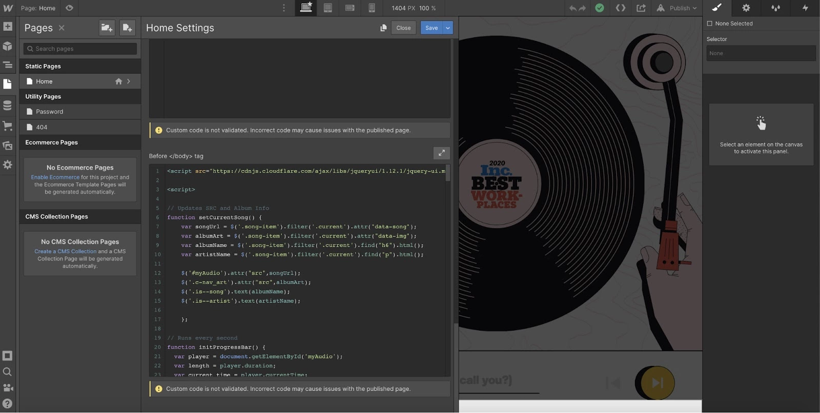 Opzione di codice personalizzato di Webflow nel processo di integrazione di LiveAgent