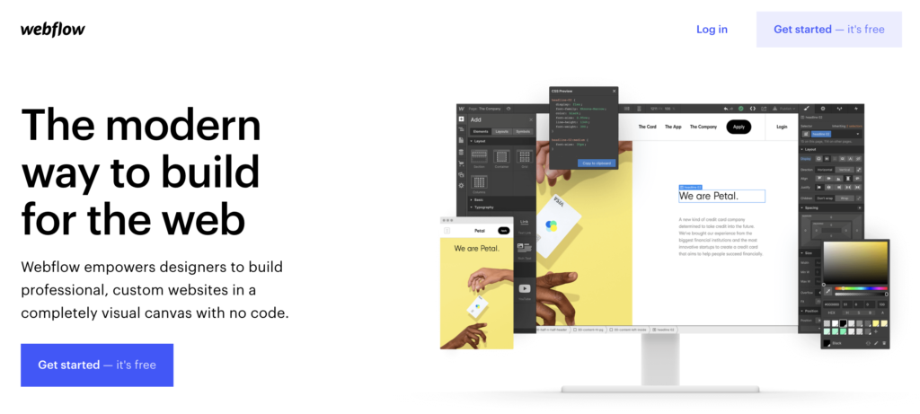 Homepage di Webflow con opzione di prova in alto a destra