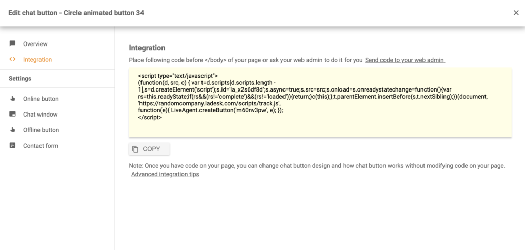 Codice del pulsante chat dopo la configurazione riuscita in LiveAgent