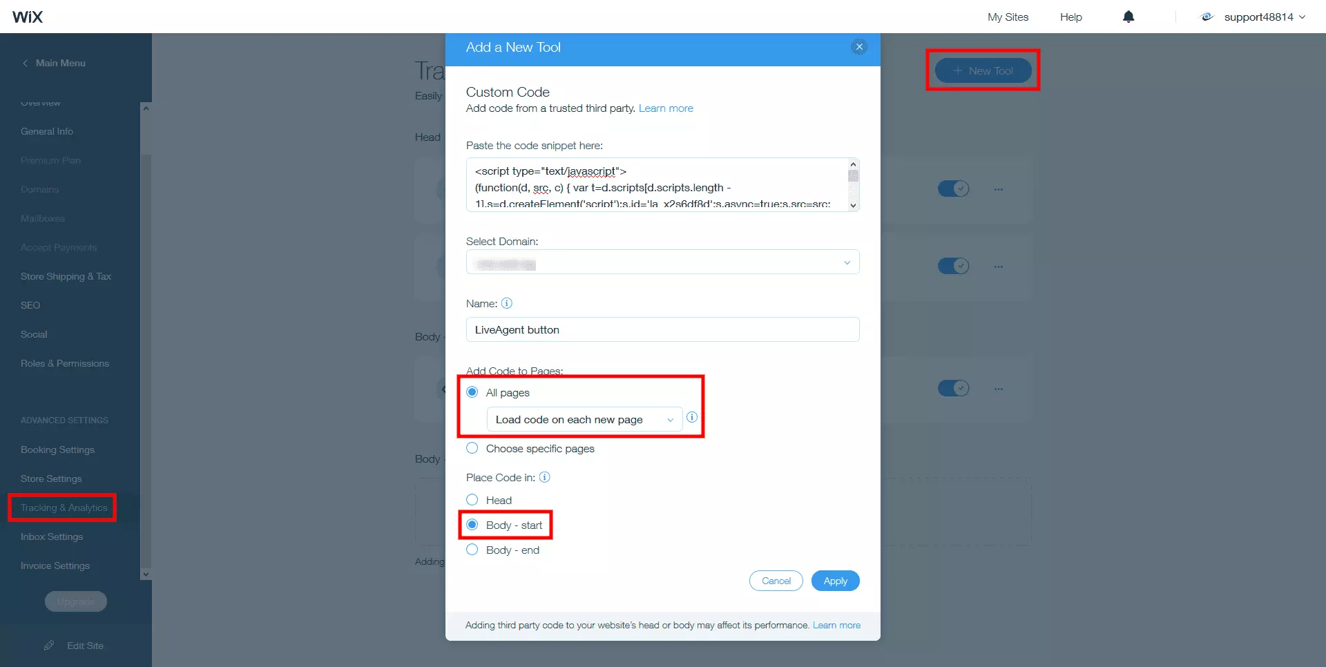 Inserisci il codice live chat di LiveAgent nel corpo del sito Wix