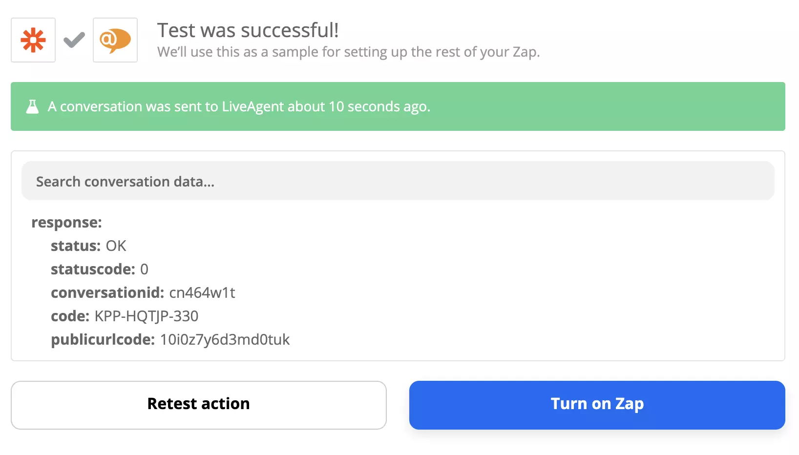 Un test riuscito di un'integrazione Xero e LiveAgent su Zapier
