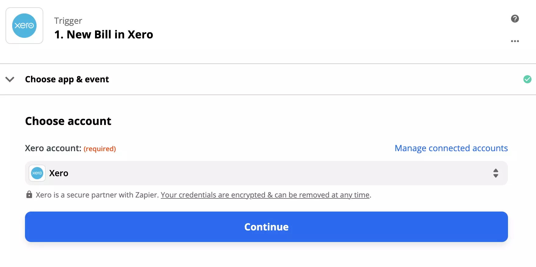 Opzioni di configurazione del trigger Xero sul sito Zapier