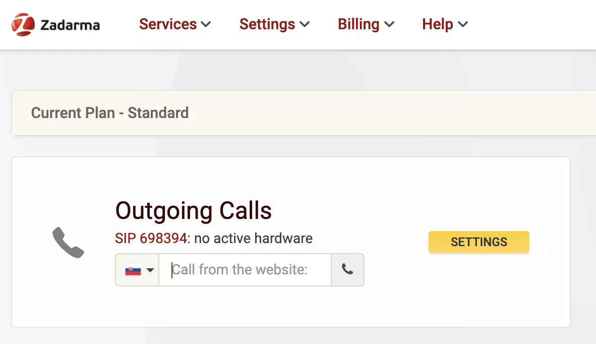 Sito web del provider VoIP Zadarma con opzione di chiamata