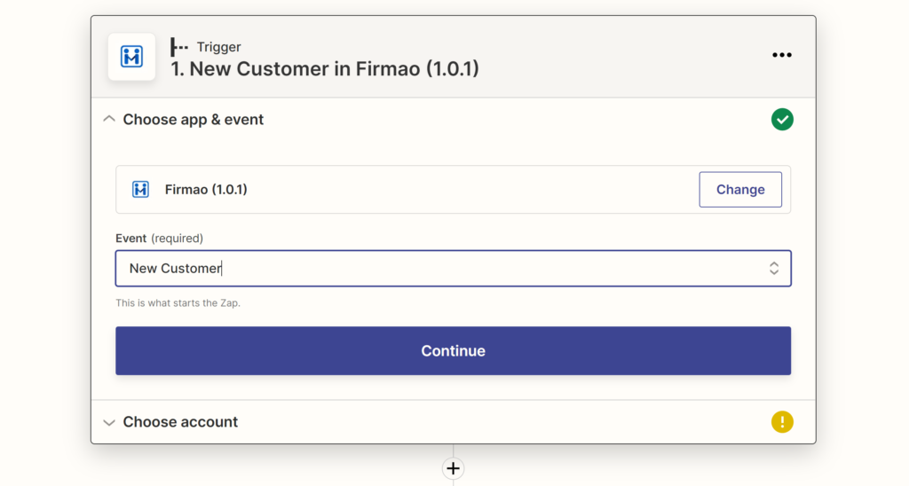 Selezione di un evento Firmao durante la configurazione dell'integrazione su Zapier