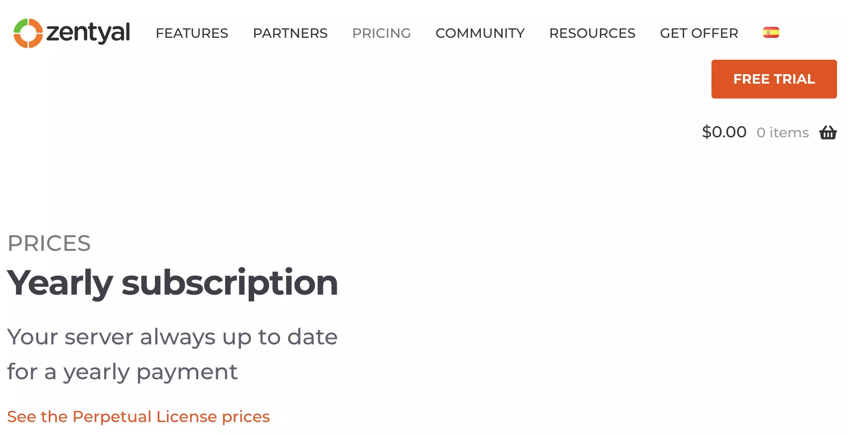 Sezione dei piani a pagamento di Zentyal sul sito web di Zentyal