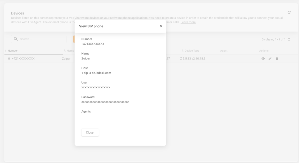 Un'immagine che mostra dove trovare i dettagli del dispositivo SIP in LiveAgent