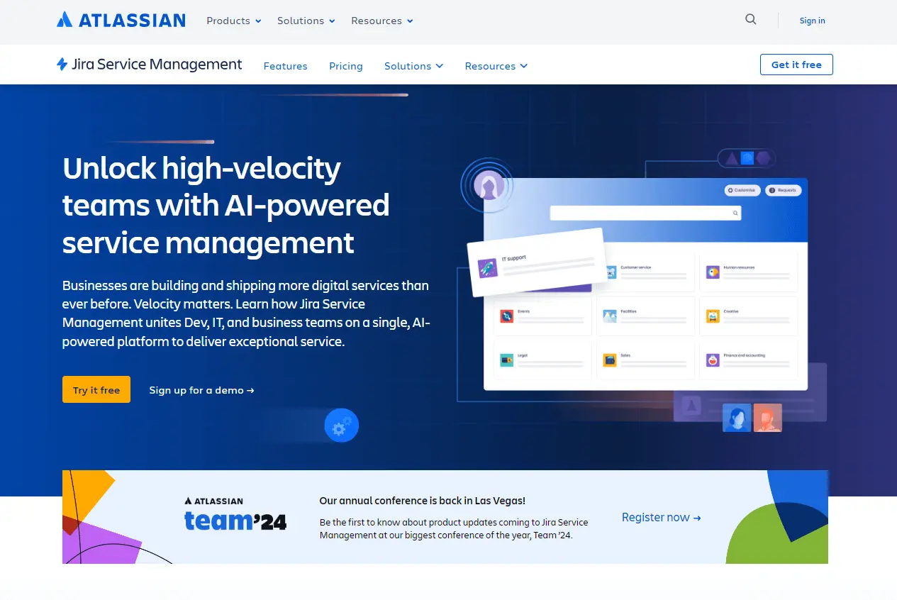 Homepage di Jira Service Management, un'alternativa a Help Scout per il software help desk