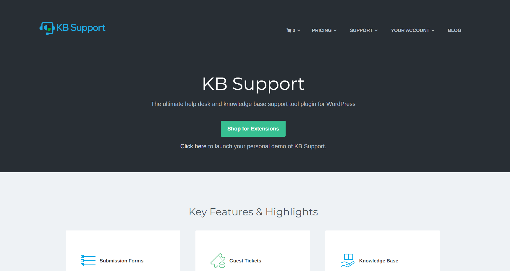 Homepage del software di ticketing KB Support