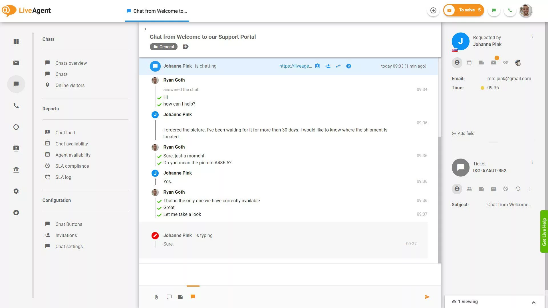 Visualizzazione della chat in tempo reale con digitazione in corso