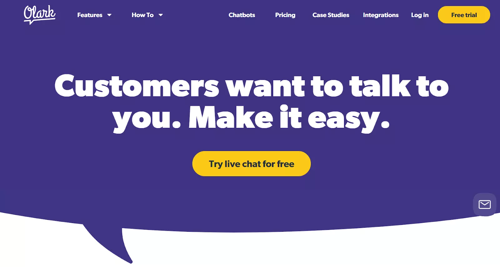 Homepage di Olark - software di live chat per ecommerce accessibile