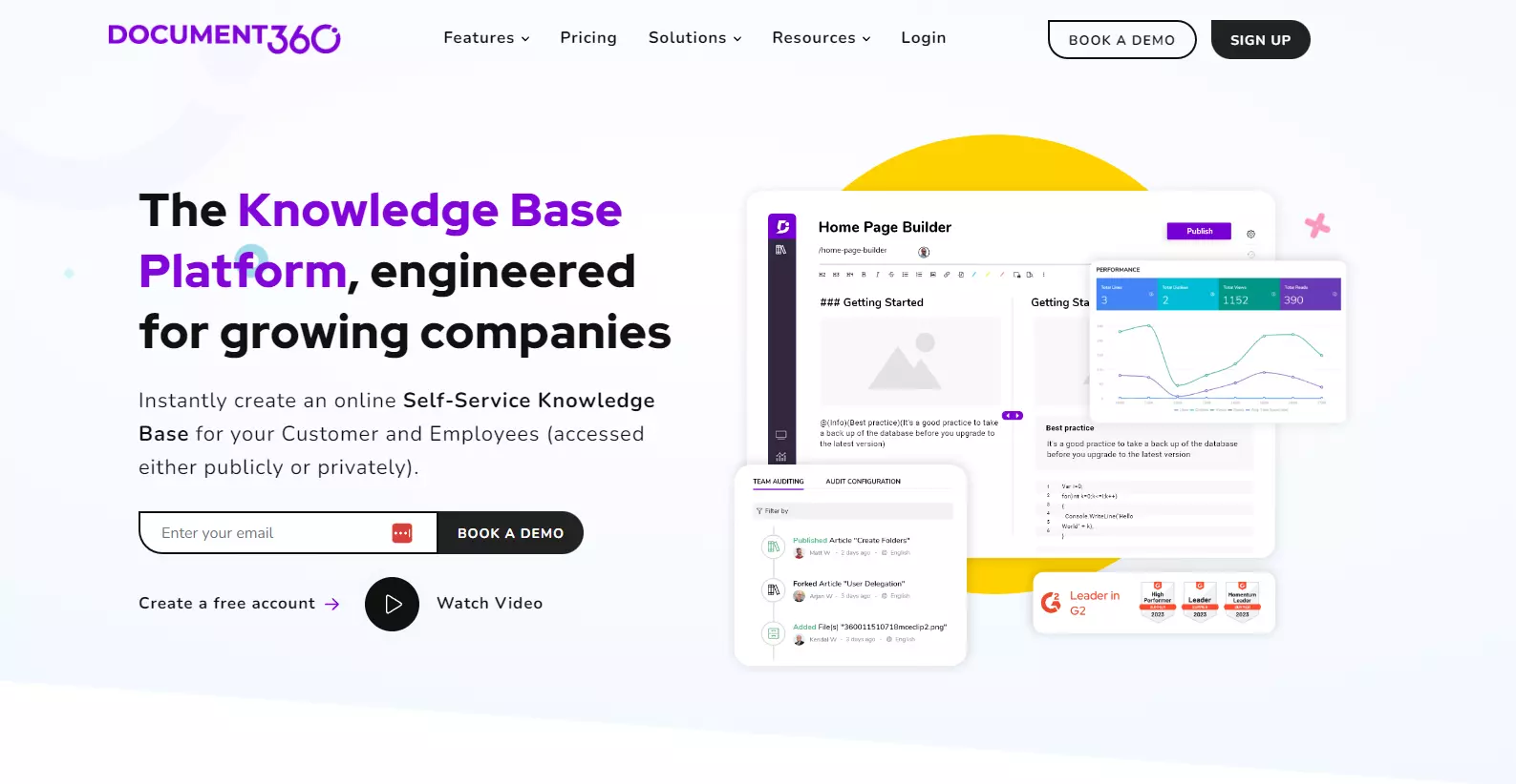 Istantanea della homepage di Document360 che si concentra sulle caratteristiche principali