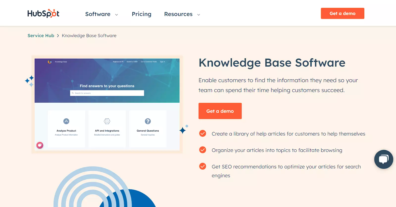 Screenshot della homepage della knowledge base di HubSpot Service Hub
