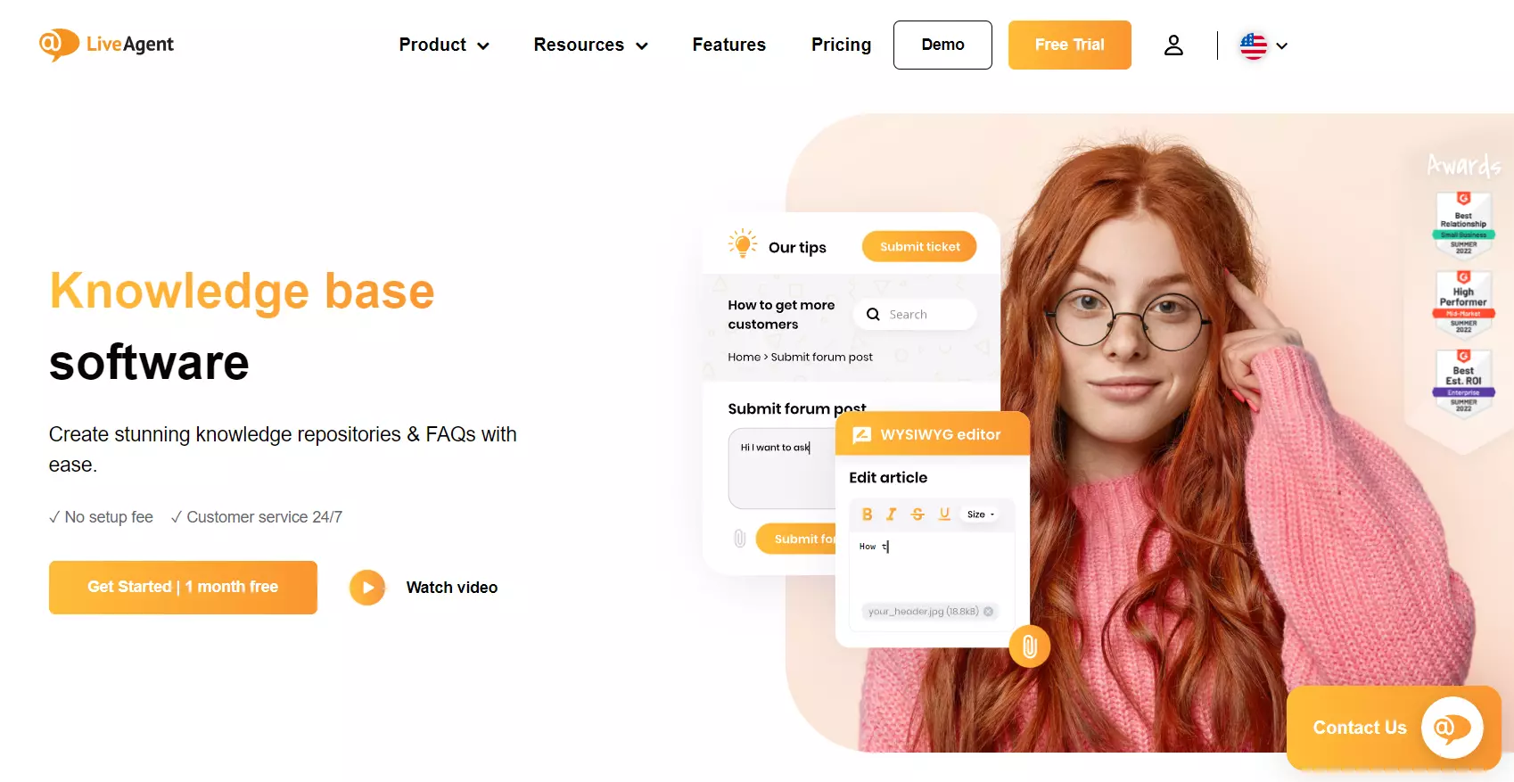 Homepage coinvolgente di LiveAgent che evidenzia il suo strumento di knowledge base
