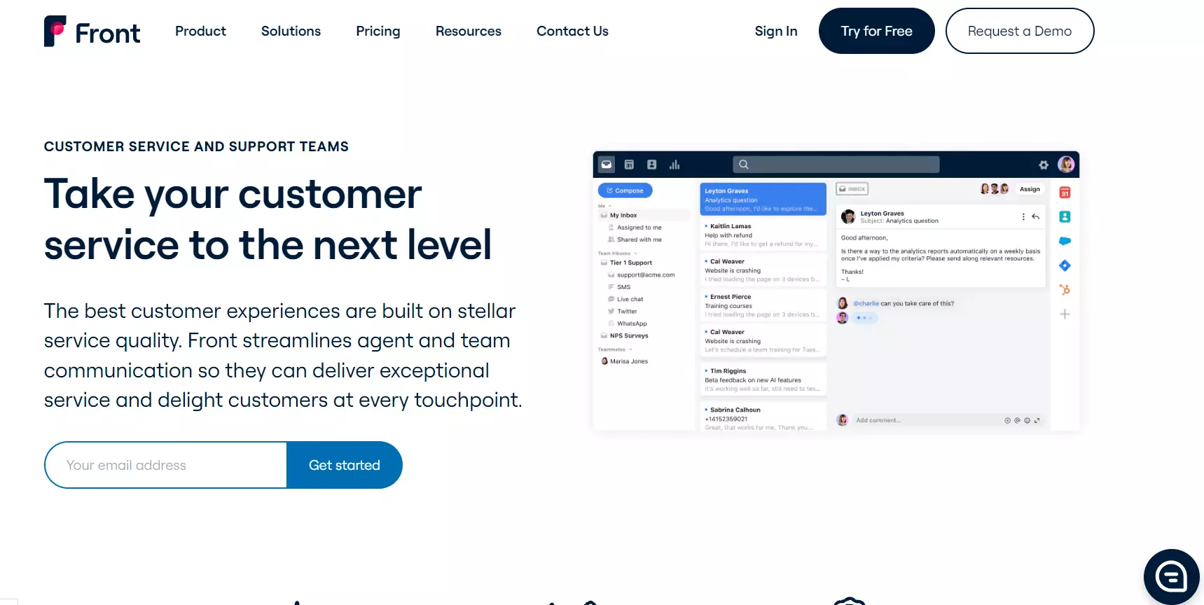 Homepage del servizio clienti Front