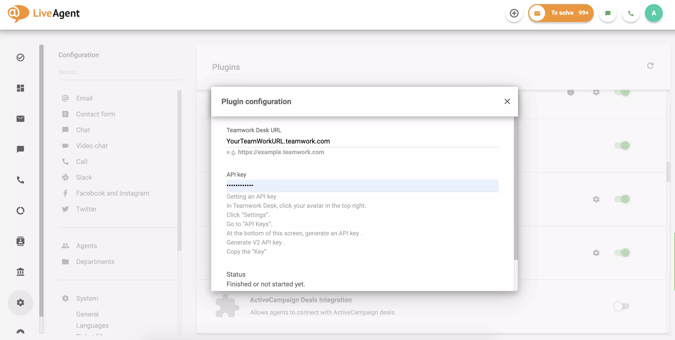 Inserisci l'URL e l'API di Teamwork Desk, quindi clicca su Salva.