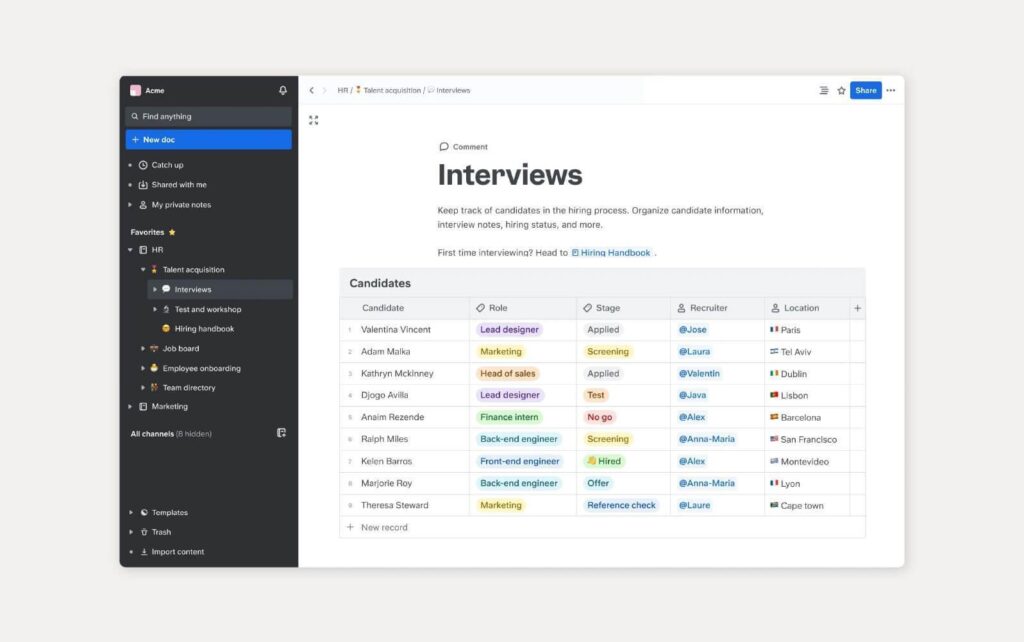 Esempio di una knowledge base, utilizzando Slite