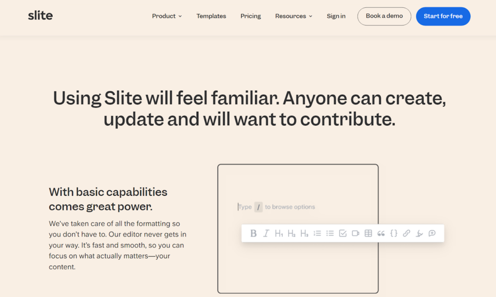 Homepage della knowledge base di Slite