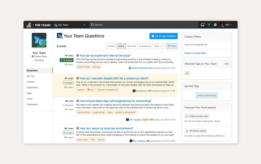 Istantanea di un esempio di strumento di knowledge base da Stack Overflow for Teams