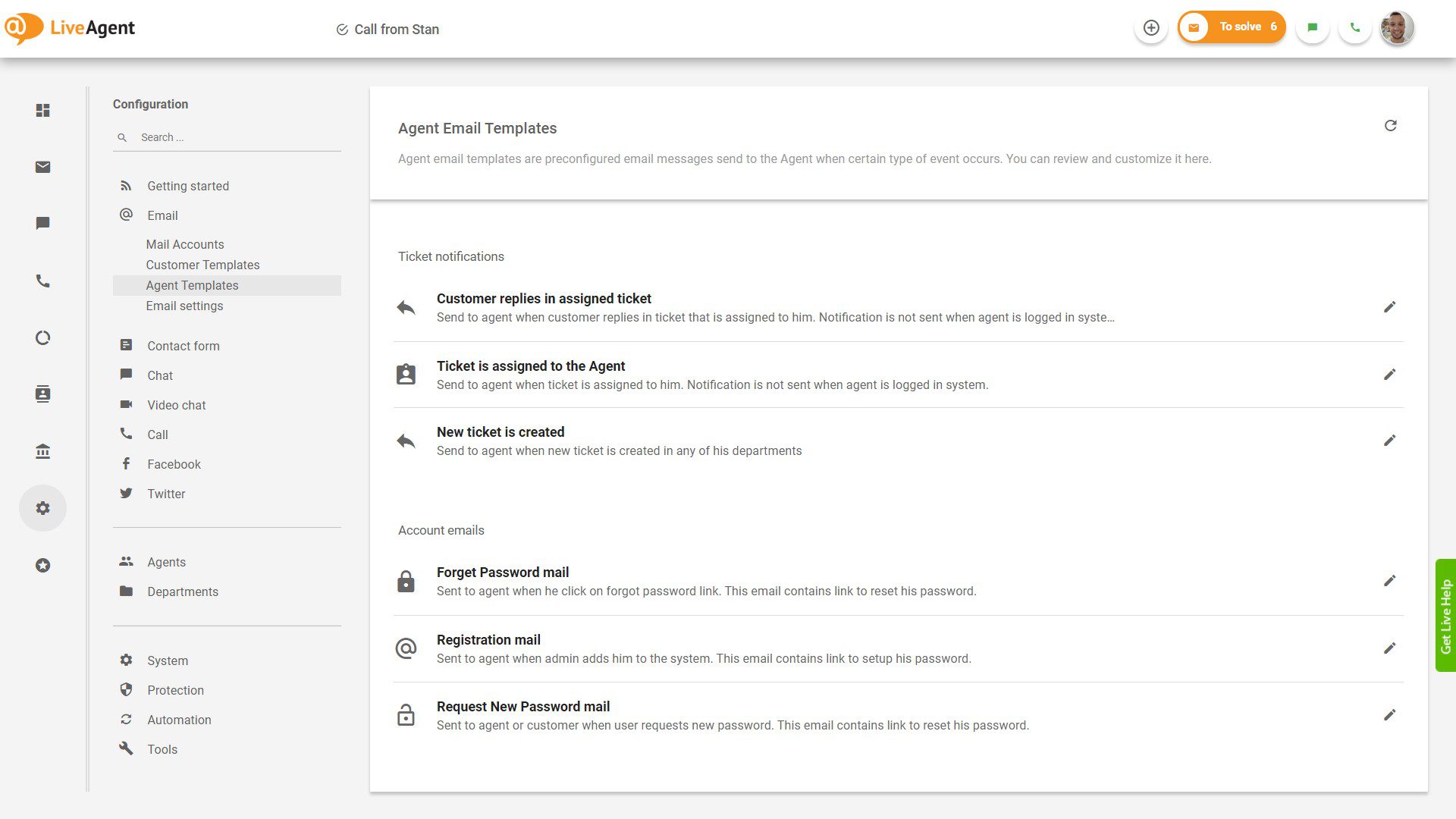 Salva modelli di email e distribuiscili con un solo clic all'interno della dashboard di LiveAgent