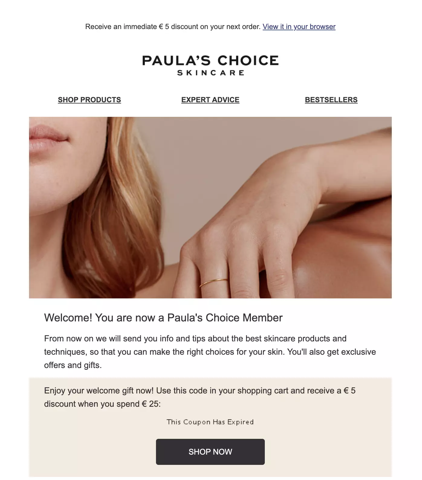 Modello di email di benvenuto Paula's Choice