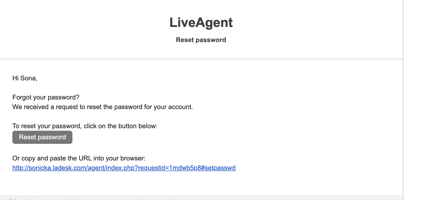 Email ripristino password LiveAgent