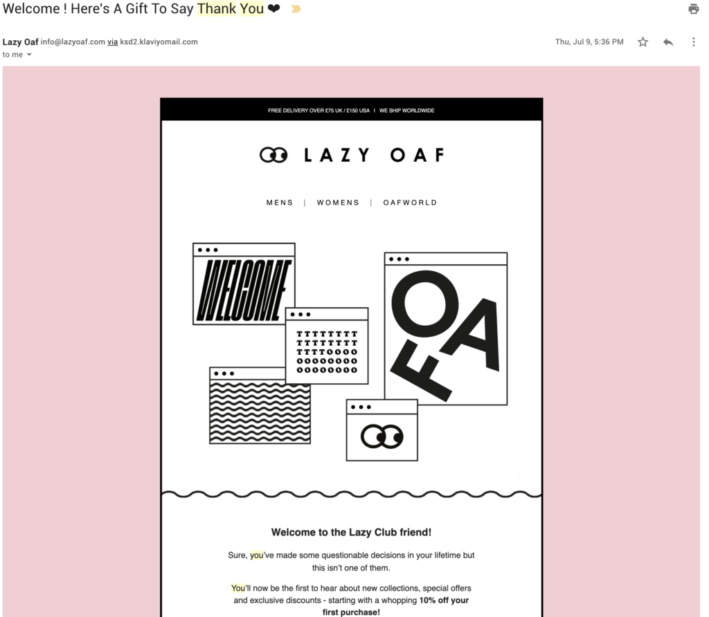 Modello di email di apprezzamento dei clienti Lazy Oaf