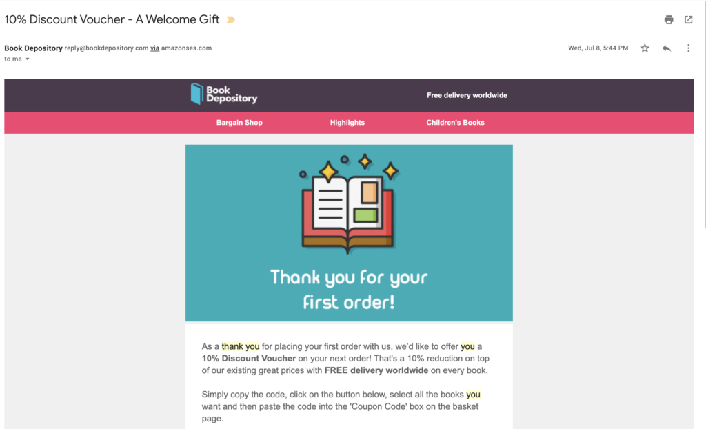 Modello di email di apprezzamento dei clienti Book Depository